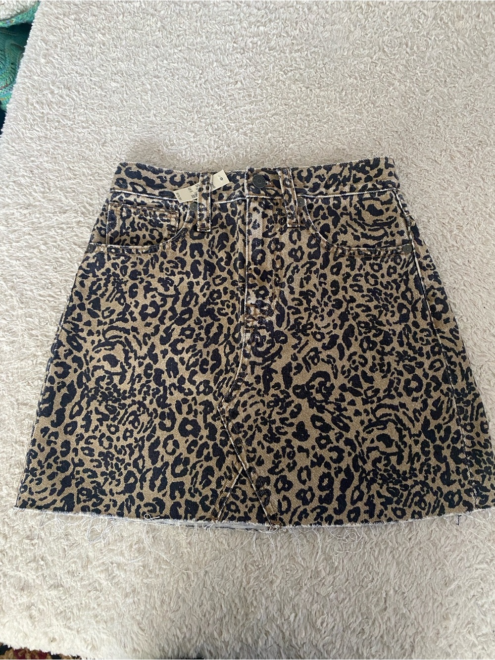 Madewell Rigid Denim Leopard Print Denim Mini A-line  Skirt Size 25 NWT